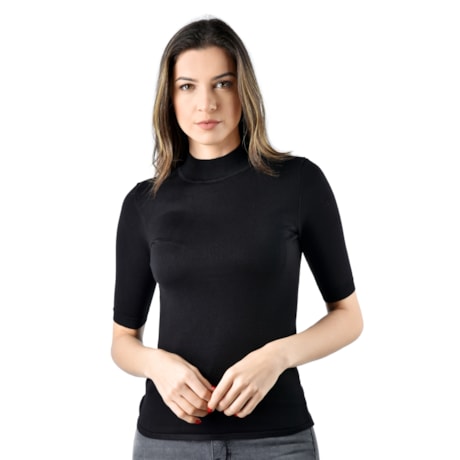 ALPELO - BLUSA DE TRICOT MODAL MANGA CURTA GOLA ALTA PRETA ALPELO - BLUSA DE TRICOT MODAL MANGA CURTA GOLA ALTA PRETA