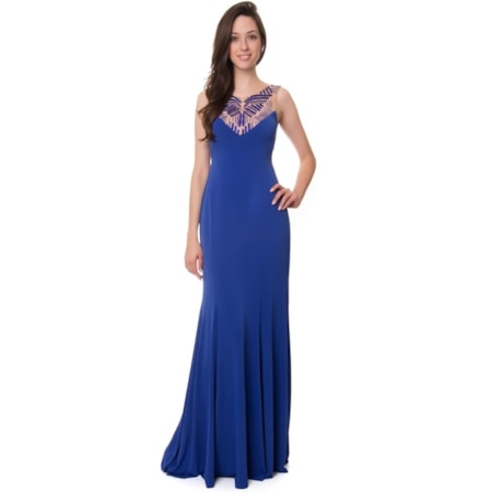 ALPHORRIA - VESTIDO DE FESTA LONGO CREPE DE MALHA COLO TULE BORDADO - AZUL ROYAL ALPHORRIA - VESTIDO DE FESTA LONGO CREPE DE MALHA COLO TULE BORDADO - AZUL ROYAL