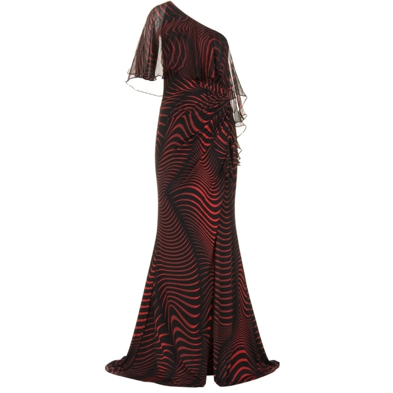 ALPHORRIA - VESTIDO DE FESTA LONGO ESTAMPADO 1 OMBRO SÓ COM BABADO - PRETO