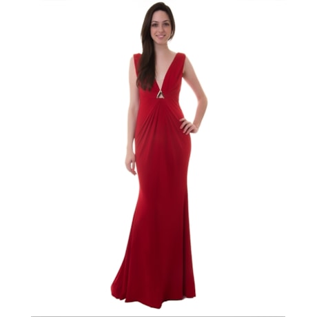 ALPHORRIA - VESTIDO DE FESTA  LONGO FIVELA TRIÂNGULO CREPE - VERMELHO