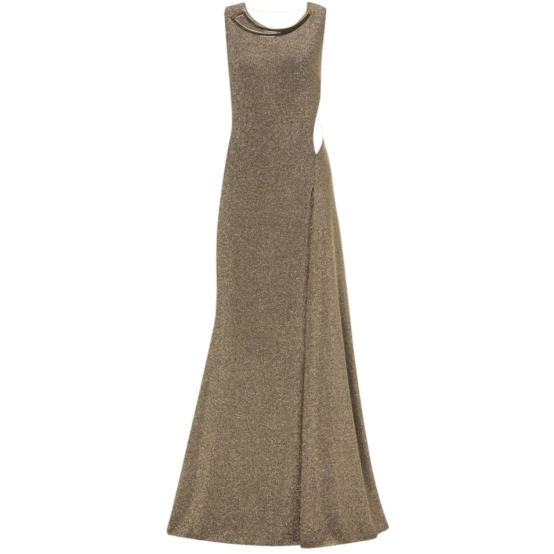 ALPHORRIA - VESTIDO DE FESTA LONGO LUREX COLAR METAL RECORTES TULE - PRETO