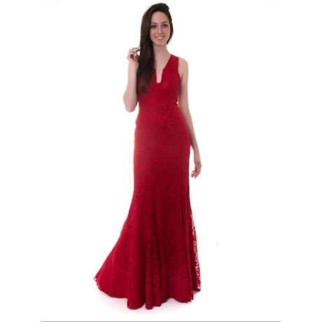 ALPHORRIA - VESTIDO  DE FESTA LONGO RENDA/GUIPURE SEM MANGA - VERMELHO