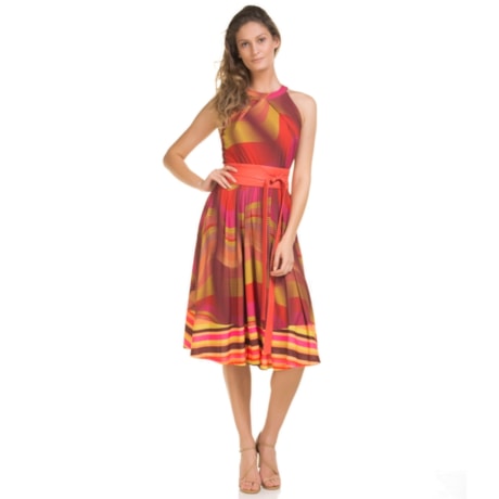 ALPHORRIA - VESTIDO JERSEY ONDAS MIDI BARRADO COM CINTO COURO - VERMELHO