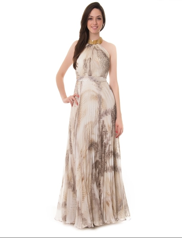 vestido longo plissado estampado