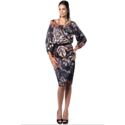ALPHORRIA - VESTIDO PEPLUM ESTAMPADO COLAR METAL - PRETO