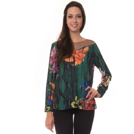 AMBICIONE - BLUSA ESTAMPADA COM DETALHE TULE - VERDE