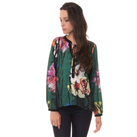 AMBICIONE - BLUSA ESTAMPADA GOLA PADRE TASSEL - VERDE