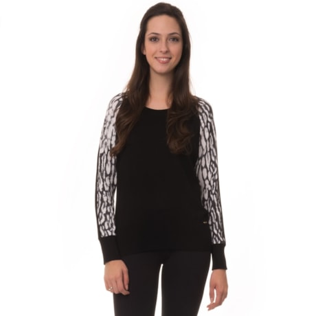 AMBICIONE - BLUSA TRICOT MANGA ESTAMPADA - PRETO