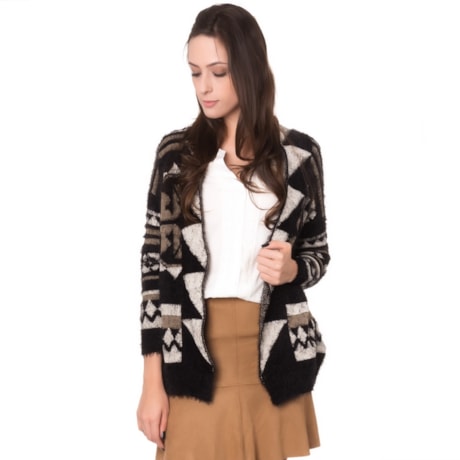 AMBICIONE - CASACO JAQUARD ETNICO MOHAIR - PRETO AMBICIONE - CASACO JAQUARD ETNICO MOHAIR - PRETO