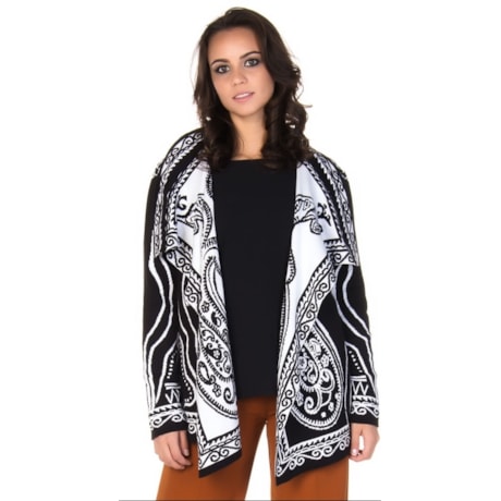 AMBICIONE - CASACO TRICÔ JACQUARD ASSIMÉTRICO - PRETO AMBICIONE - CASACO TRICÔ JACQUARD ASSIMÉTRICO - PRETO