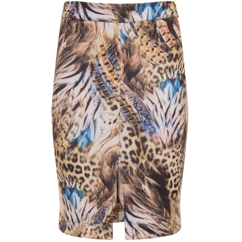 AMBICIONE - SAIA LÁPIS NEOPRENE ESTAMPA PENAS - MARROM