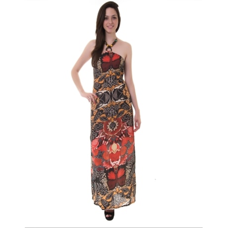 AMBICIONE - VESTIDO LONGO ESTAMPADO COLAR DECOTE - LARANJA