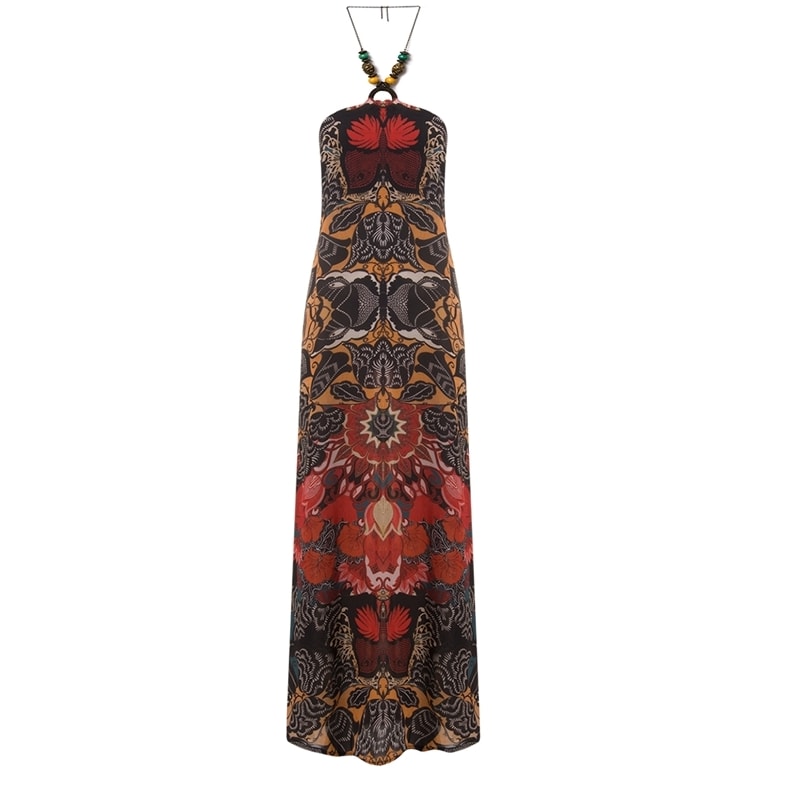 AMBICIONE - VESTIDO LONGO ESTAMPADO COLAR DECOTE - LARANJA