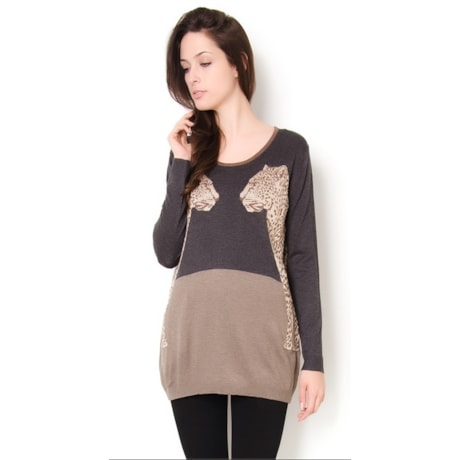 AMISSIMA - BLUSA TRICOT ESTAMPA ONÇA - CINZA