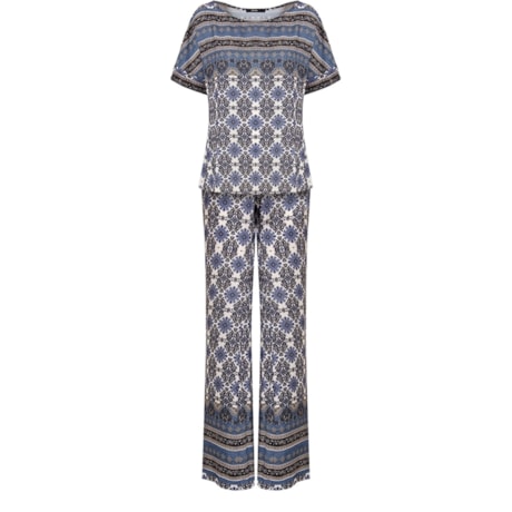 AMISSIMA - CONJUNTO BLUSA/PANTALONA EM CREPE ESTAMP. CASHMERE - AZUL
