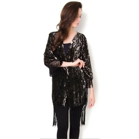 AMISSIMA - KIMONO VELUDO BORDADO C/ FRANJA - PRETO