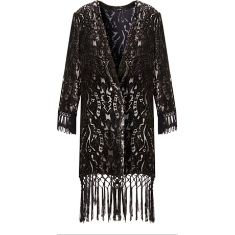 AMISSIMA - KIMONO VELUDO BORDADO C/ FRANJA - PRETO AMISSIMA - KIMONO VELUDO BORDADO C/ FRANJA - PRETO