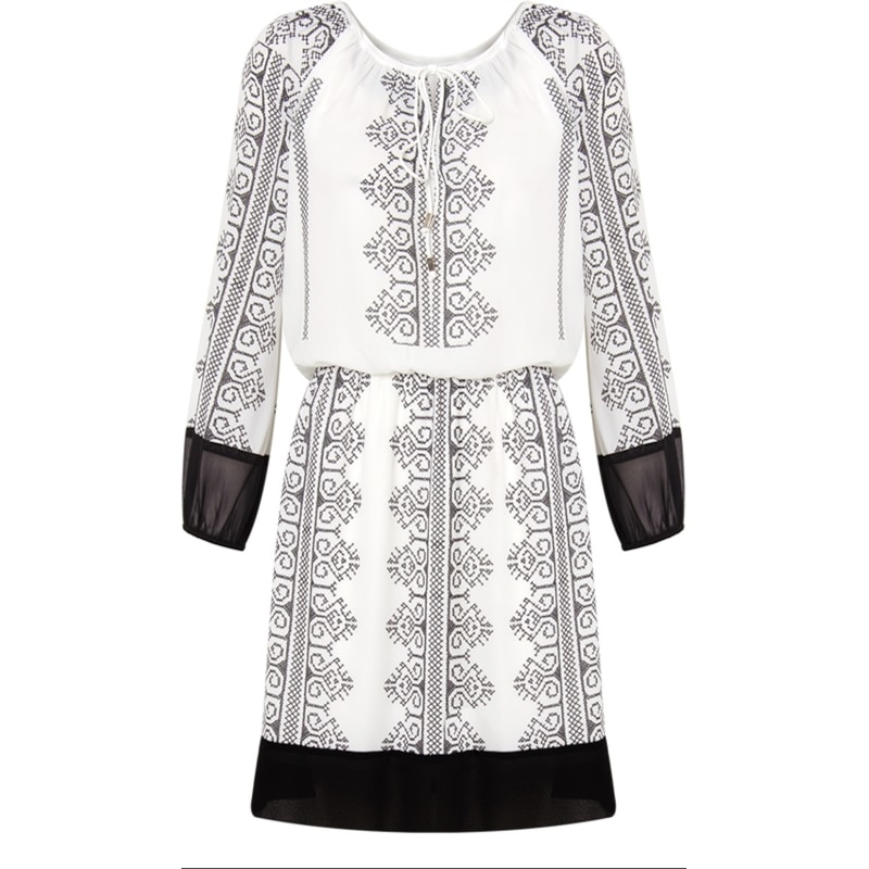 AMISSIMA - VESTIDO BLUSADO CREPE ÉTNICA PONTO CRUZ M 3/4 - P&B