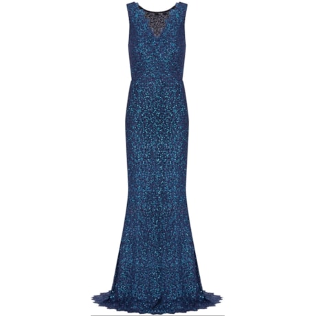 AMÍSSIMA - VESTIDO LONGO DE FESTA DECOTE TRANSPASSADO RENDA BORDADA - MARINHO AMÍSSIMA - VESTIDO LONGO DE FESTA DECOTE TRANSPASSADO RENDA BORDADA - MARINHO