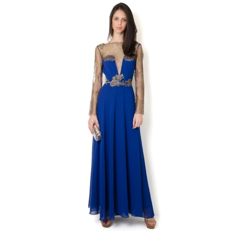 AMISSIMA- VESTIDO LONGO DE FESTA  SHIFFON COM RENDA M/L - AZUL ROYAL