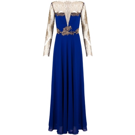 AMISSIMA- VESTIDO LONGO DE FESTA  SHIFFON COM RENDA M/L - AZUL ROYAL AMISSIMA- VESTIDO LONGO DE FESTA  SHIFFON COM RENDA M/L - AZUL ROYAL