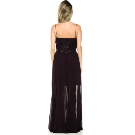 AMÍSSIMA - VESTIDO LONGO PLISSADO CORPO GUIPURE ALÇA FINA - BERINJELA AMÍSSIMA - VESTIDO LONGO PLISSADO CORPO GUIPURE ALÇA FINA - BERINJELA