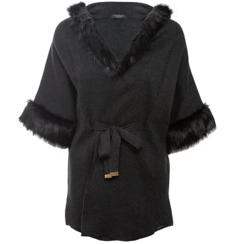 ANSELMI - Capa de Tricot com Cinto e Pele Fake Preto ANSELMI - Capa de Tricot com Cinto e Pele Fake Preto