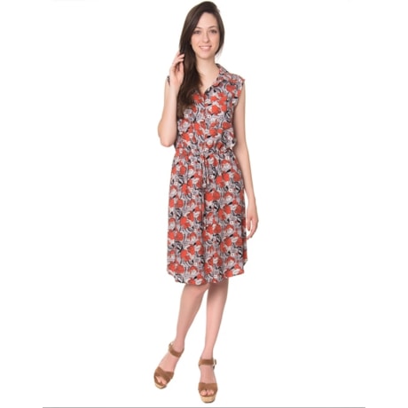 ANTHOLOGIA - VESTIDO BLUSADO ESTAMPADO COM BOLSOS SEM MANGAS - VERMELHO