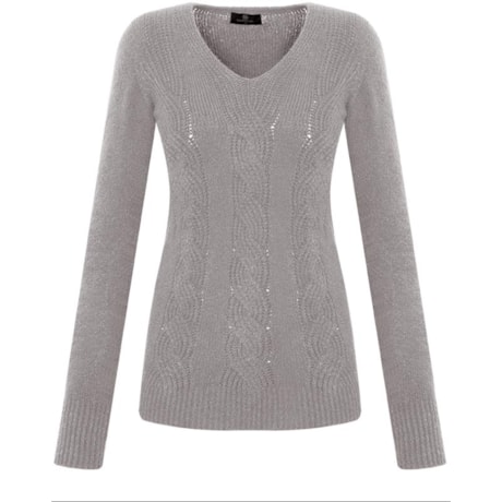 BANANA CAFÉ - BLUSA TRICÔ TRANÇAS DEC V FIO MOUSSE - CINZA