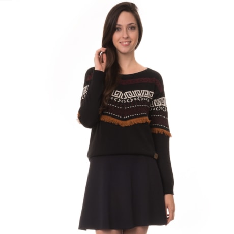 BANANA CAFÉ - BLUSA TRICOT ÉTNICO FRANJAS - PRETO BANANA CAFÉ - BLUSA TRICOT ÉTNICO FRANJAS - PRETO