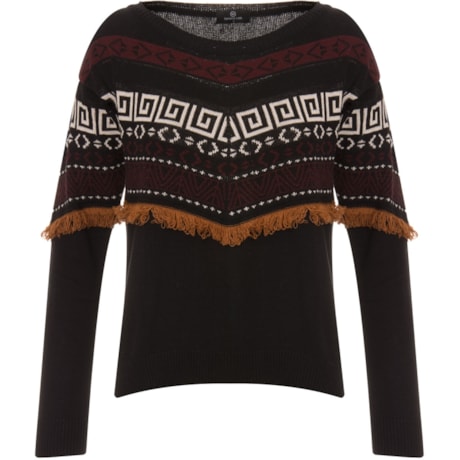 BANANA CAFÉ - BLUSA TRICOT ÉTNICO FRANJAS - PRETO BANANA CAFÉ - BLUSA TRICOT ÉTNICO FRANJAS - PRETO