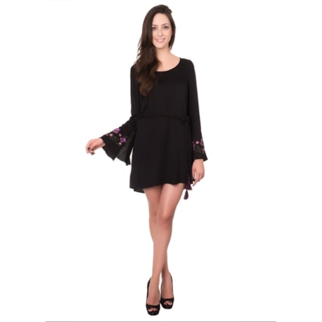 BANANA CAFÉ - VESTIDO BATA MANGAS BORDADAS - PRETO