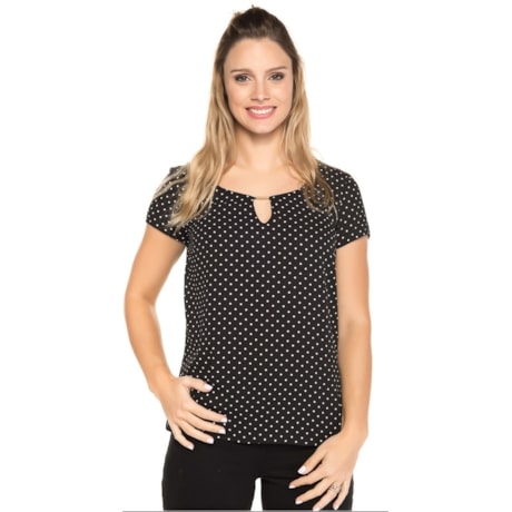 BLUSA AMISSIMA CHIFFON ESTAMPADA DECOTE METAL - PRETO