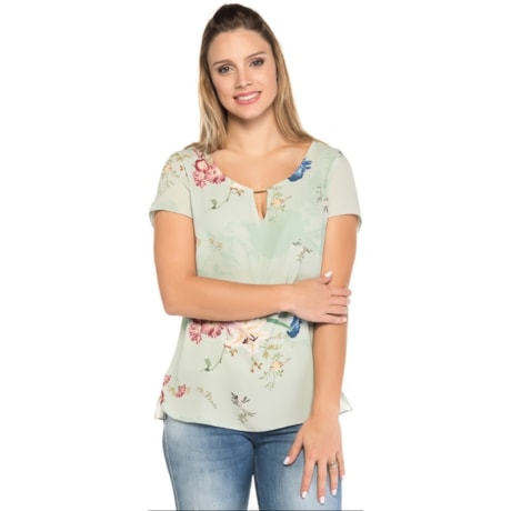 BLUSA AMISSIMA CHIFFON ESTAMPADA DECOTE METAL - VERDE