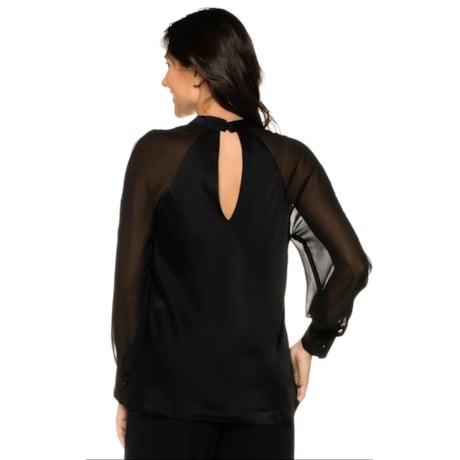 BLUSA AMÍSSIMA  FENDAS OMBROS E COSTA GOLA PADRE MANGA LONGA - PRETO