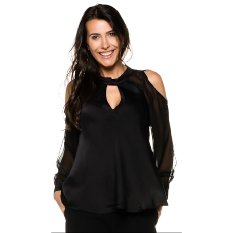 BLUSA AMÍSSIMA  FENDAS OMBROS E COSTA GOLA PADRE MANGA LONGA - PRETO