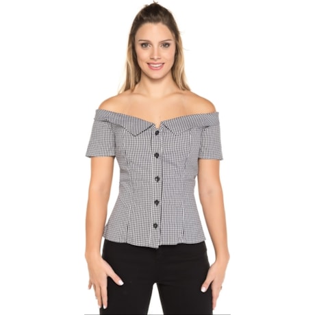 BLUSA AMISSIMA VICHY DECOTE OMBRO A OMBRO COM BOTÕES - P&B