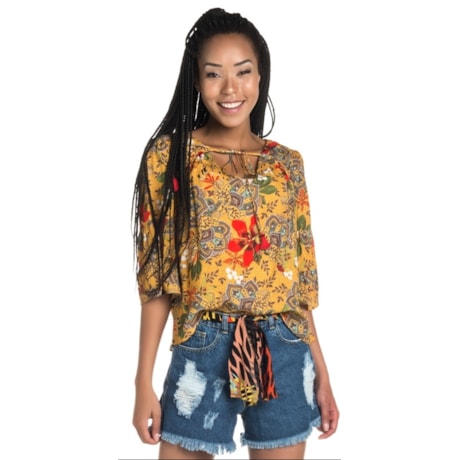 BLUSA CANTÃO  ESTAMPA HIBISCO. - AMARELO
