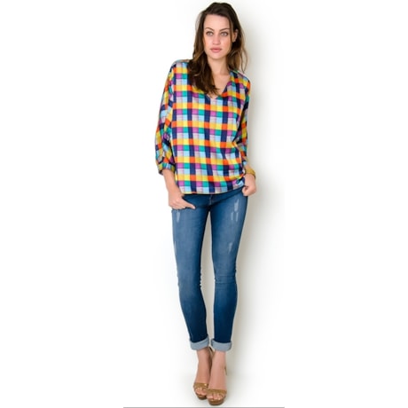 BLUSA CETIM XADREZ DEC V MANGA 3/4 - AZUL BLUSA CETIM XADREZ DEC V MANGA 3/4 - AZUL