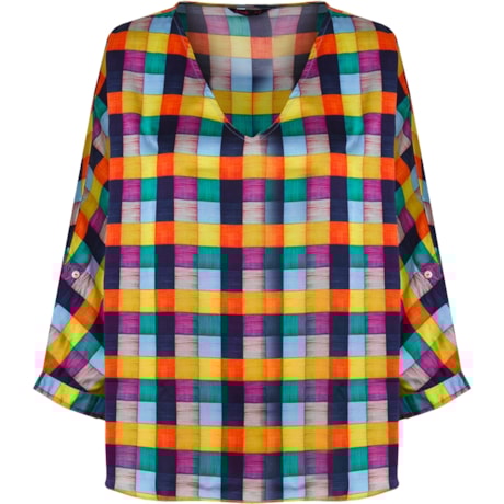 BLUSA CETIM XADREZ DEC V MANGA 3/4 - AZUL BLUSA CETIM XADREZ DEC V MANGA 3/4 - AZUL