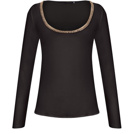 BLUSA CHIFFON COM MALHA DETALHE CORRENTE - OFF - PRETO