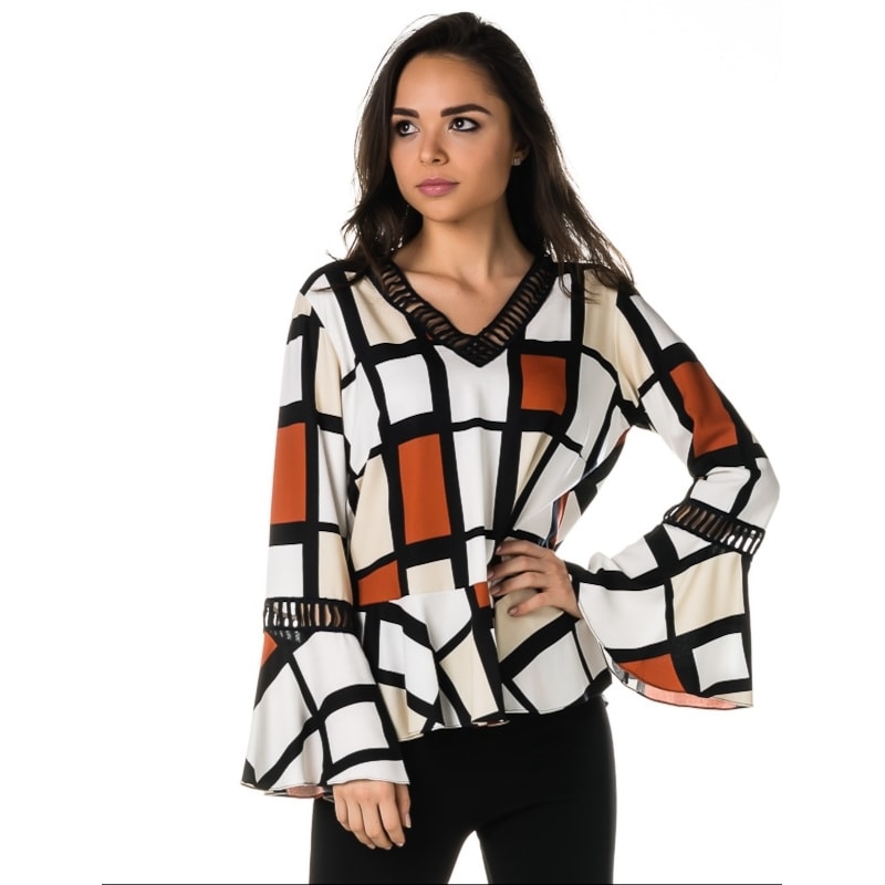 BLUSA CHOLET  ESTAMPADO DECOTE COM AVIAMENTO DEREZ FOLK XADREZ - OFF WHITE