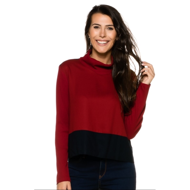 BLUSA CHOLET MALHA CANELADA GOLA ALTA BICOLOR - VINHO