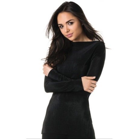 BLUSA CHOLET MALHA PLISSADA MANGA LONGA GOLA CANOA - PRETO