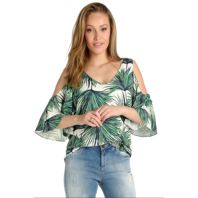 BLUSA CHOLET OMBRO VAZADO DE VISCOSE ESTAMPA PALMAS - VERDE