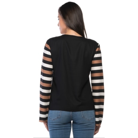 BLUSA CHOLET  VISCOSE DECOTE V M/L LISTRADA - PRETO BLUSA CHOLET  VISCOSE DECOTE V M/L LISTRADA - PRETO