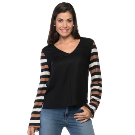 BLUSA CHOLET  VISCOSE DECOTE V M/L LISTRADA - PRETO BLUSA CHOLET  VISCOSE DECOTE V M/L LISTRADA - PRETO