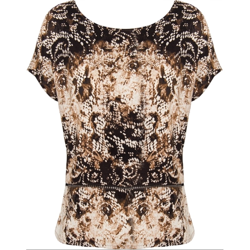 BLUSA CREPE FLORAL BICHO FIVELA NAS COSTAS - MARROM