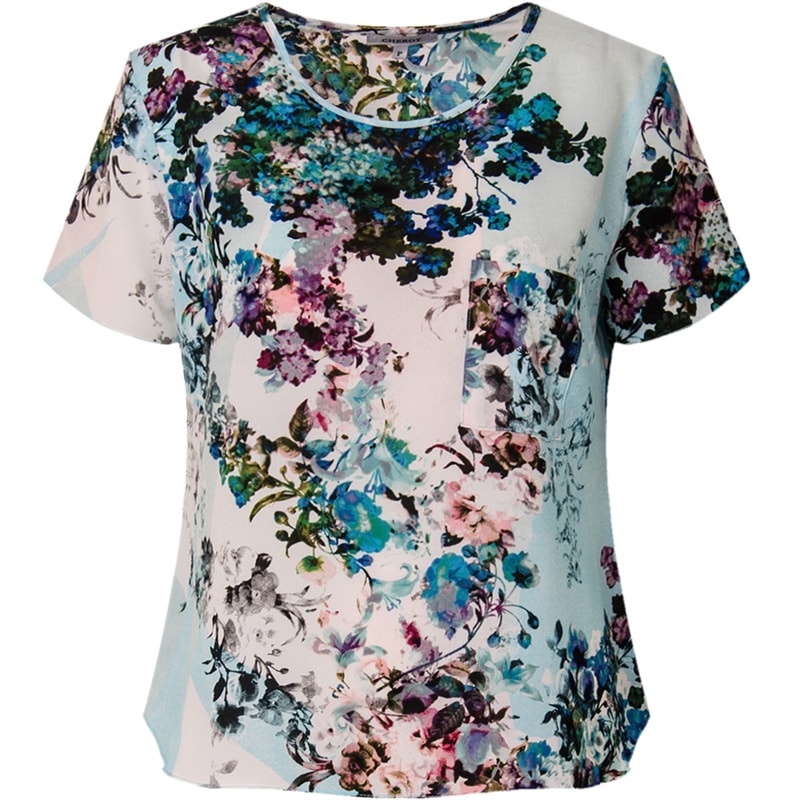 BLUSA CREPE QUADRADA COM BOLSO FLORAL - AZUL