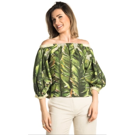 BLUSA CROPPED CHOLET  LINHO ESTAMPA FOLHAGEM OMBRO  A OMBRO - VERDE